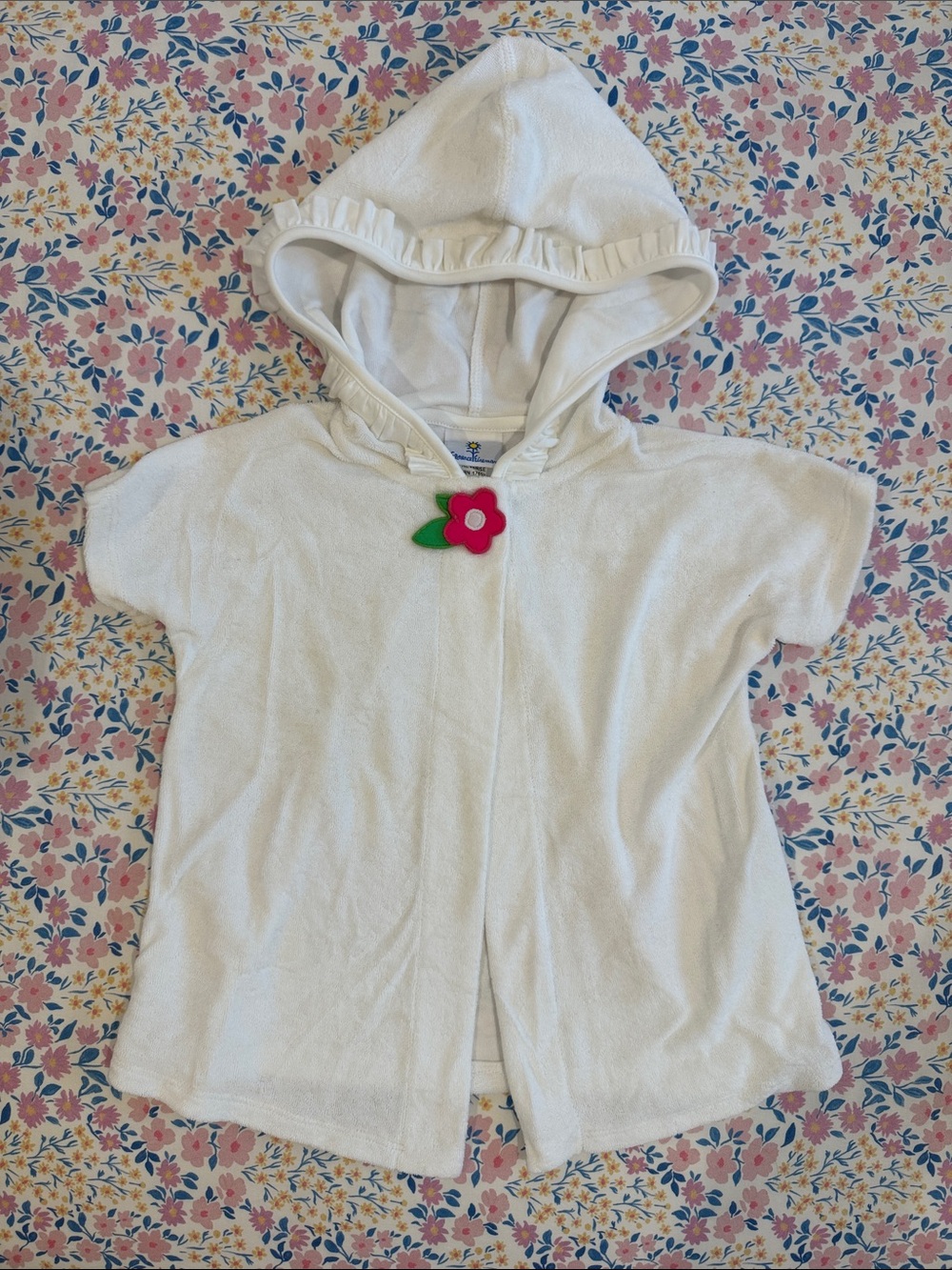 Florence Eiseman White Hooded Kids Swim Coverup with Pink Flower